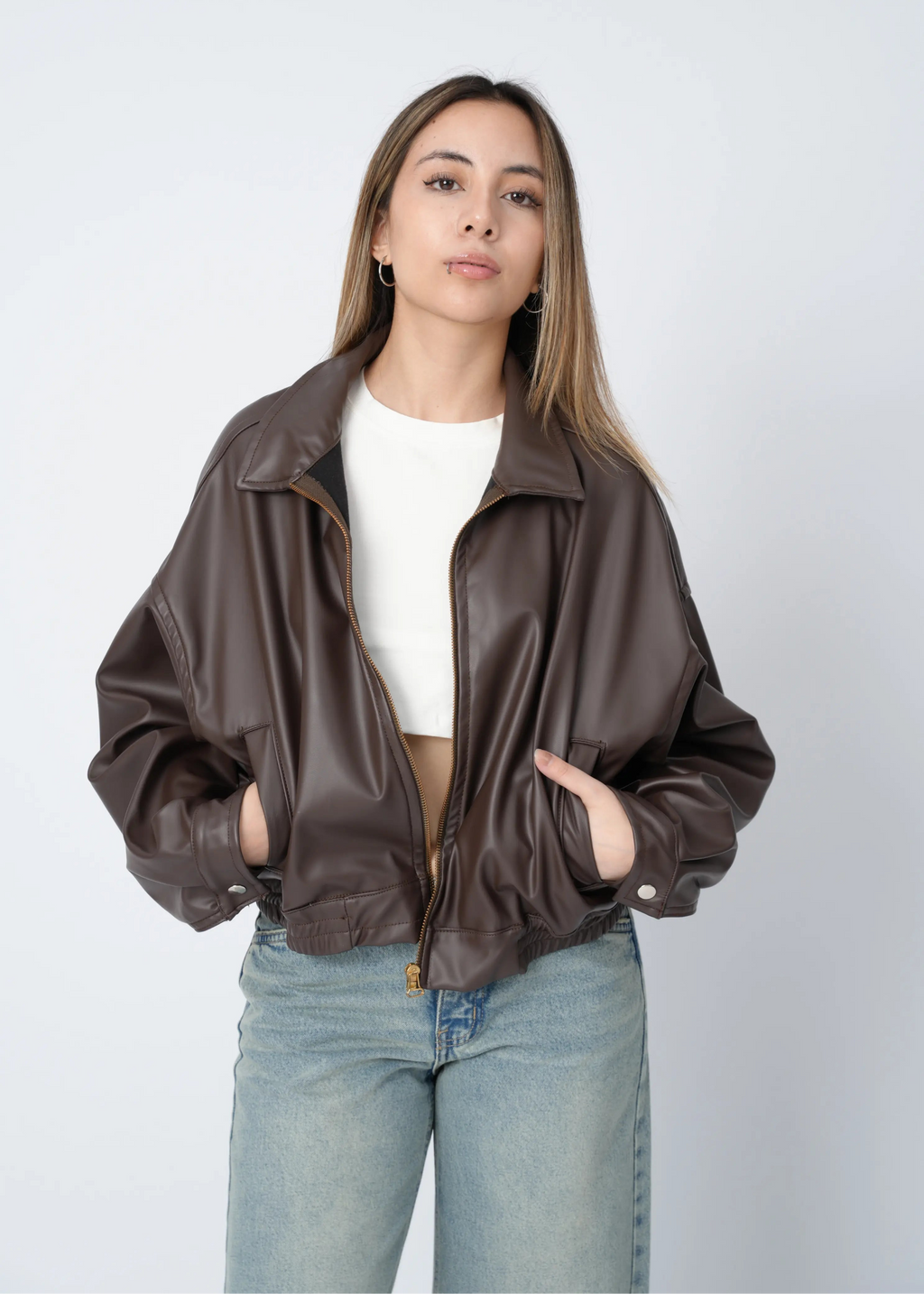 CASACA BOMBER CUERINA - MARRÓN
